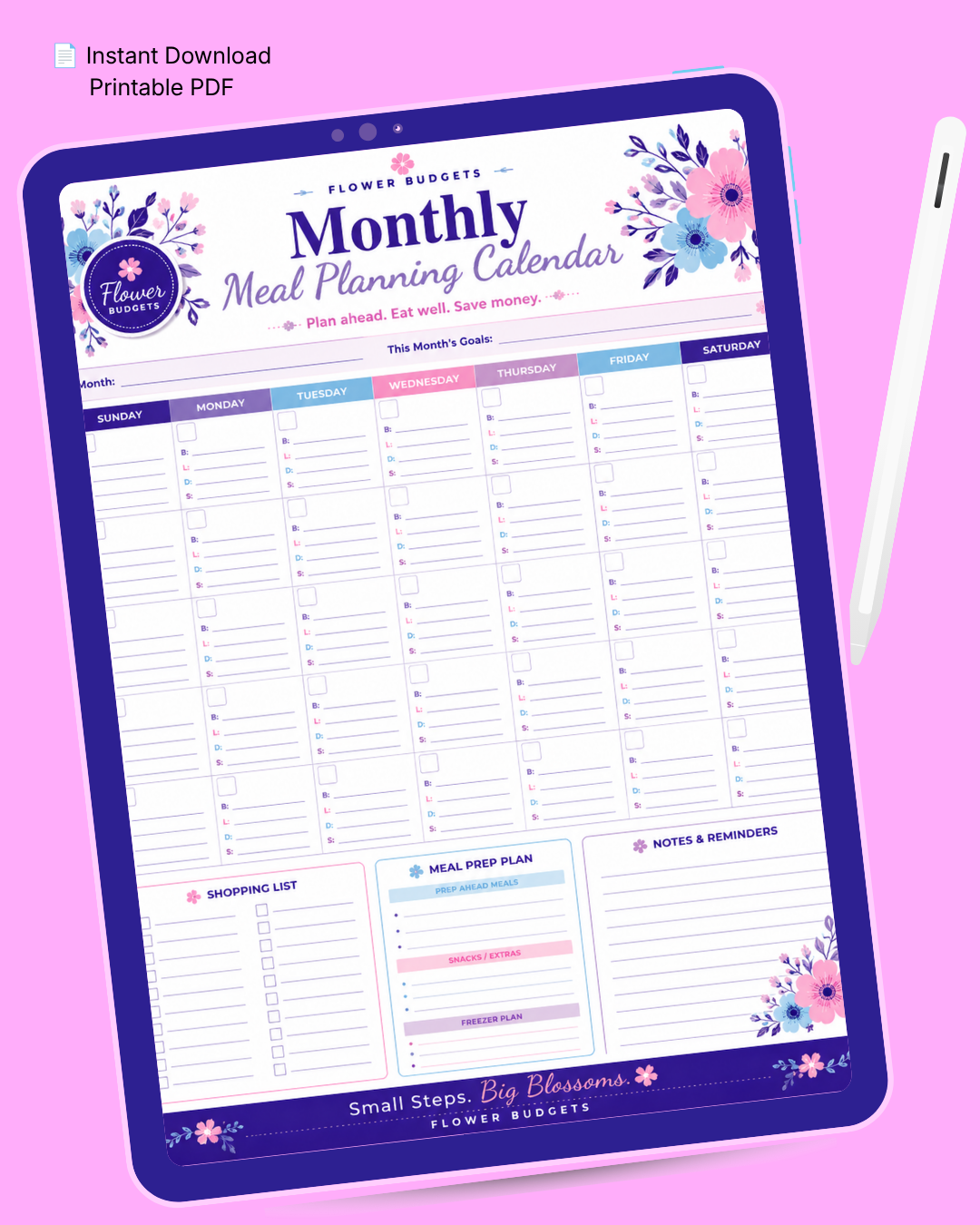 Flower Budgets Monthly Meal Planning Calendar