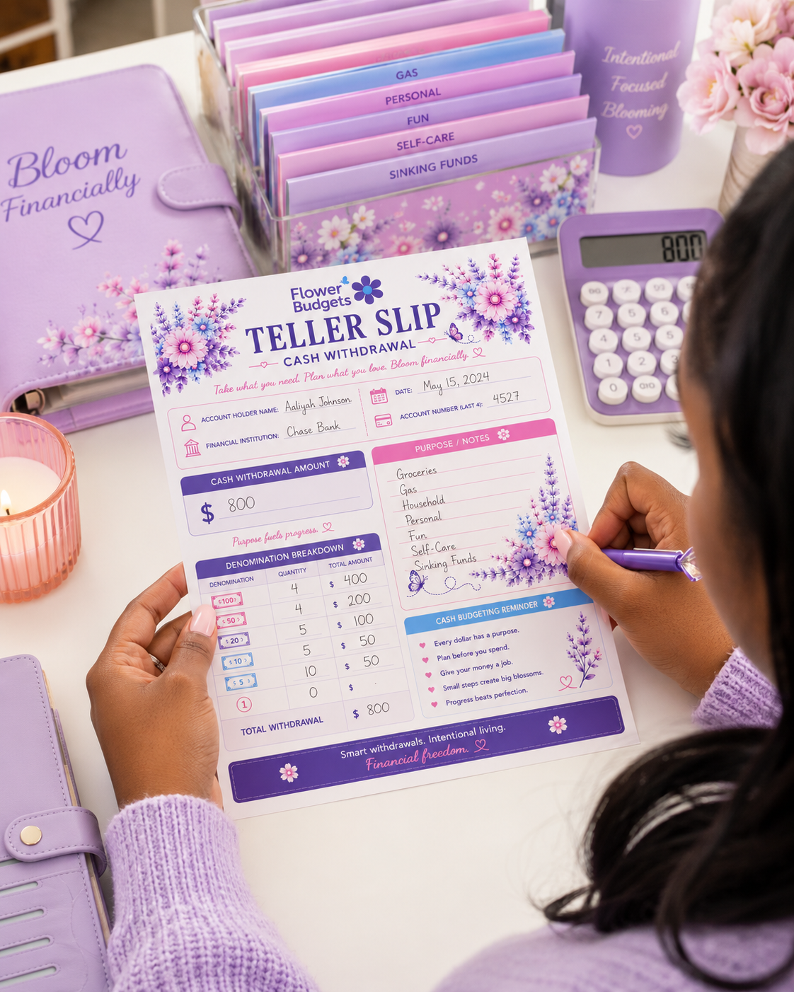 Flower Budgets Teller Slip – Cash Withdrawal Worksheet