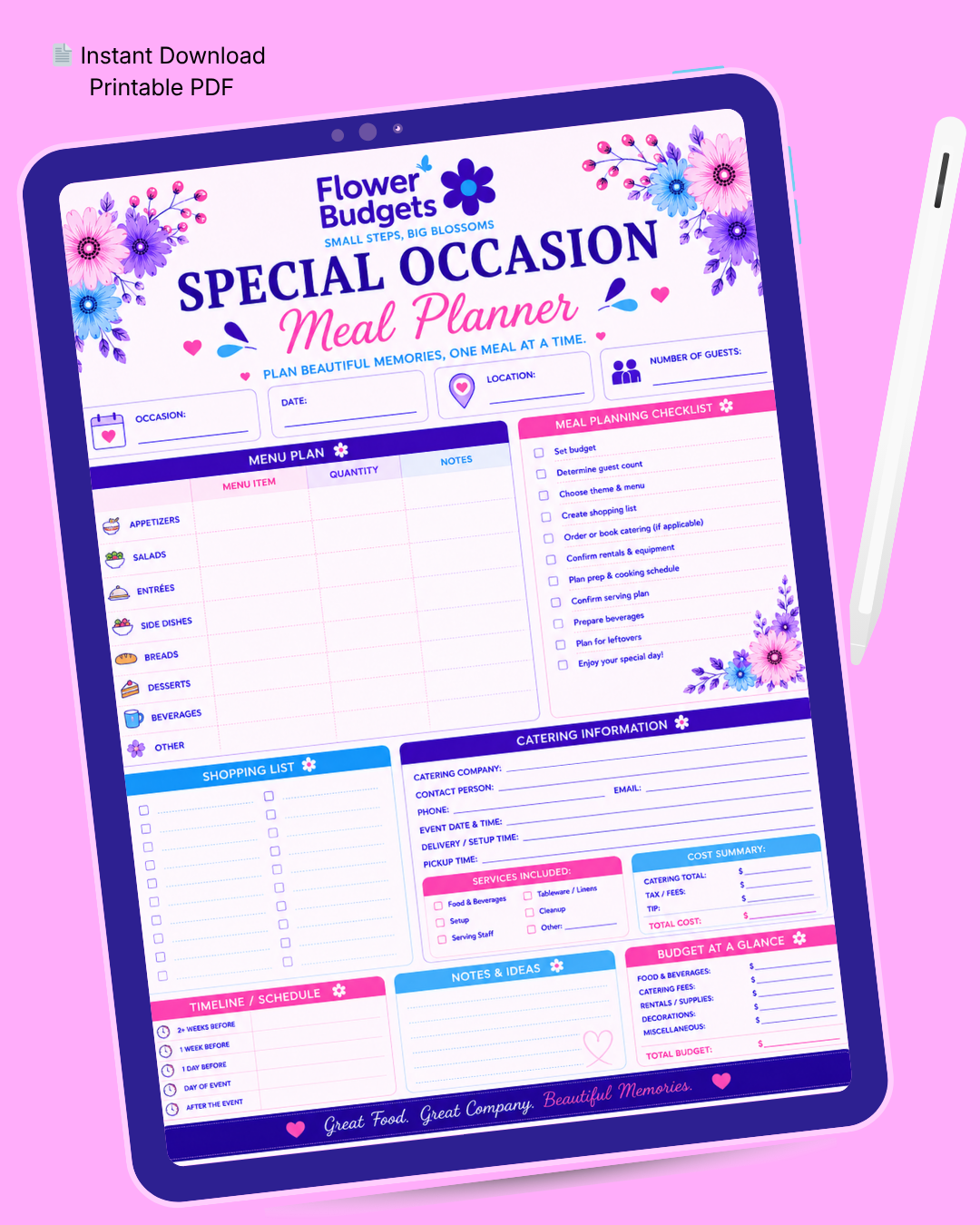 Flower Budgets Special Occasion Meal Planner
