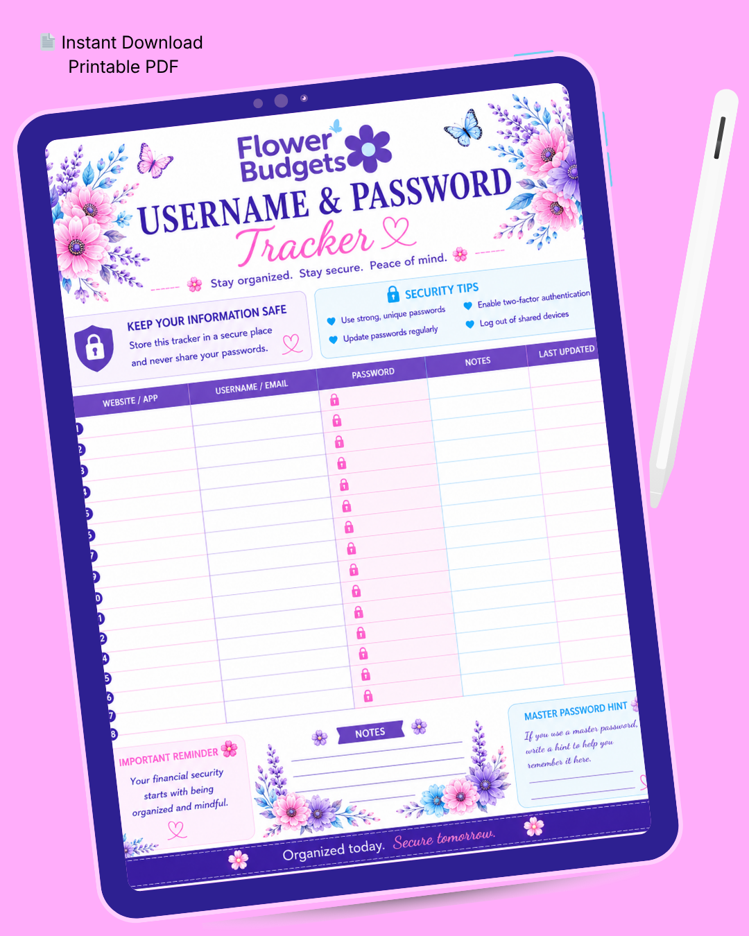 Flower Budgets Username and Password Tracker