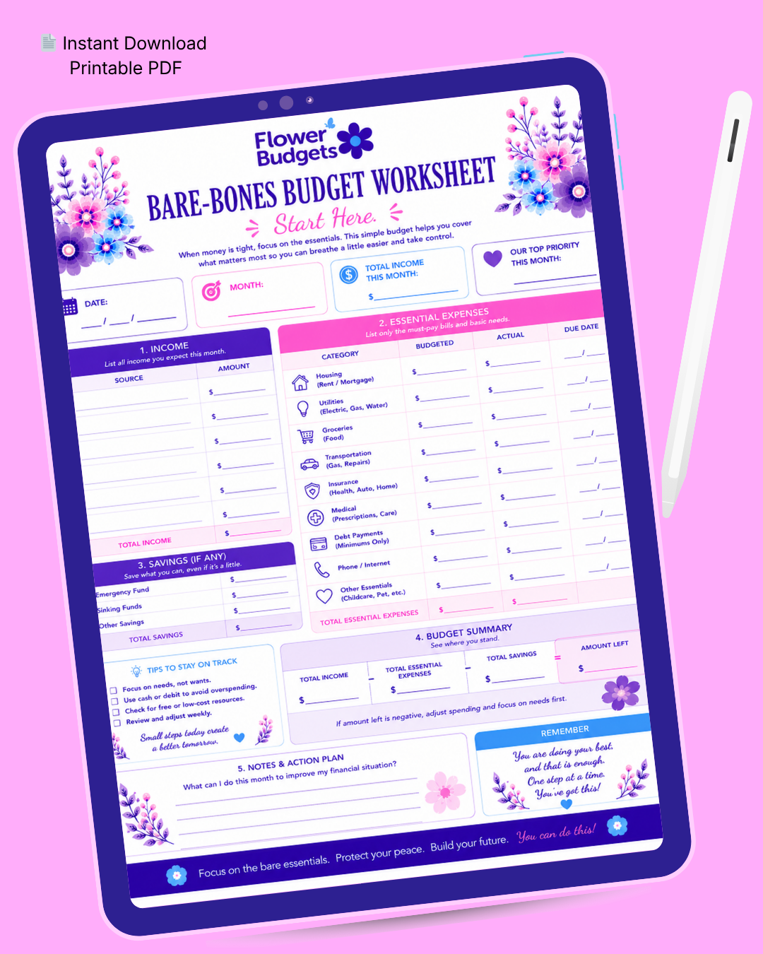 FREE! Flower Budgets Bare-Bones Budget Worksheet