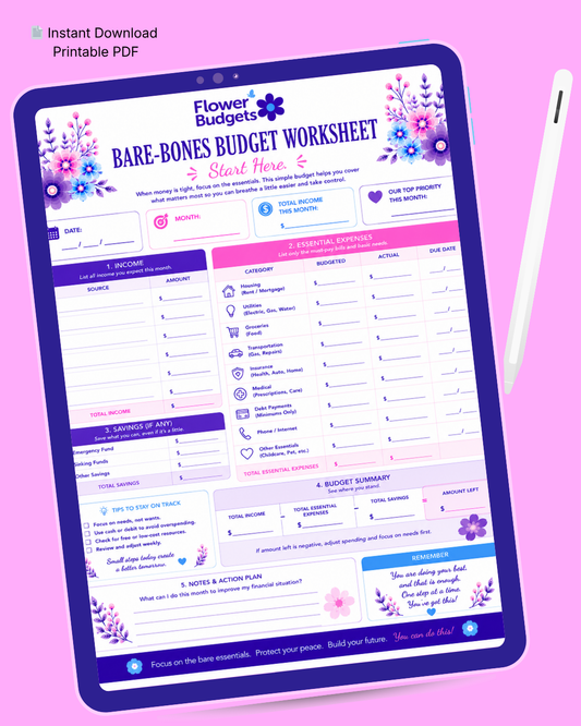 FREE! Flower Budgets Bare-Bones Budget Worksheet