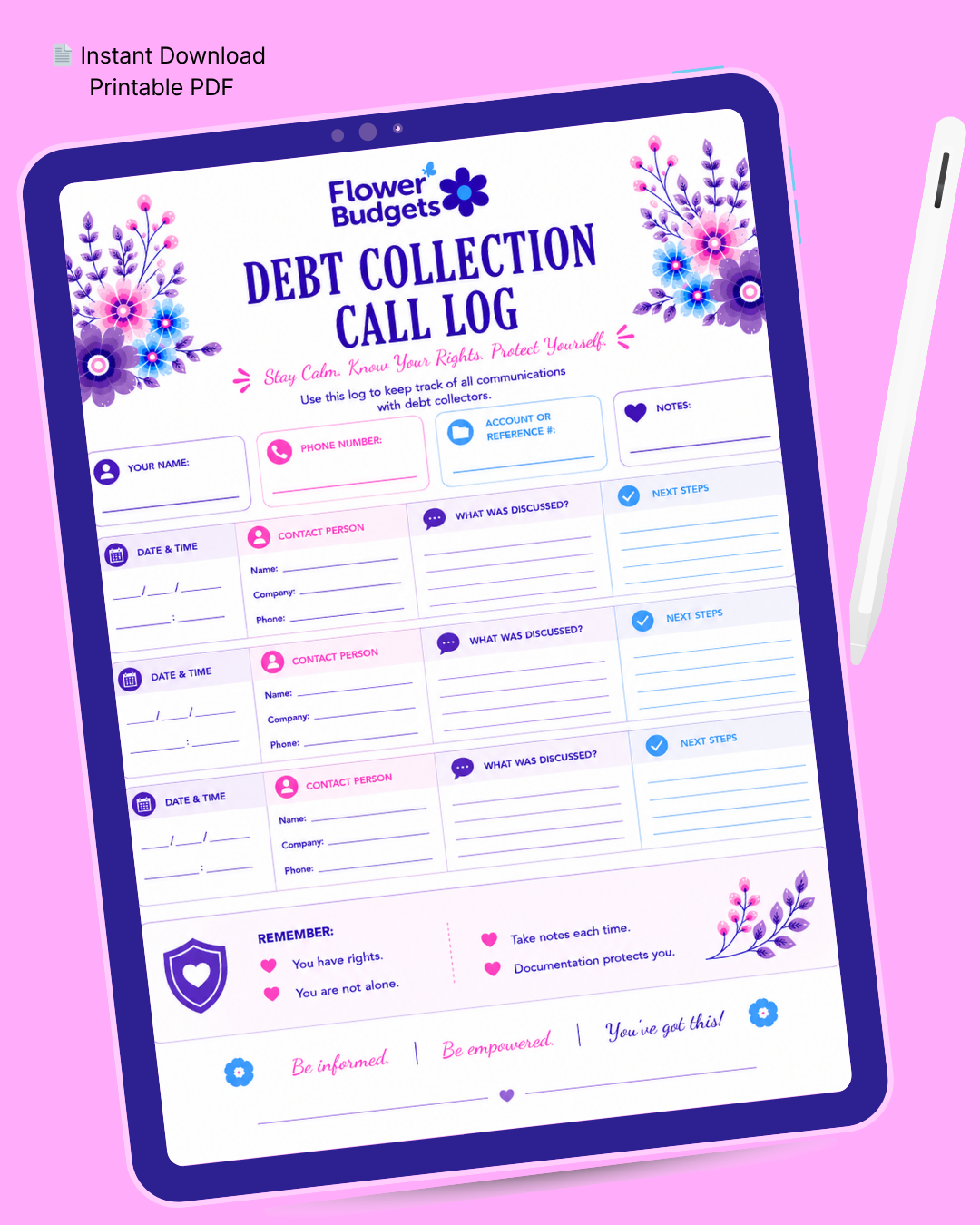 FREE! Flower Budgets Debt Collection Call Log
