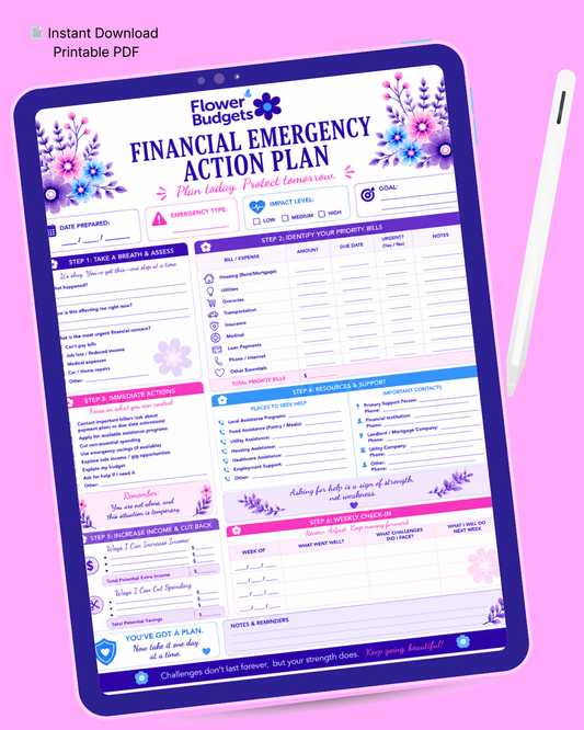 FREE! Flower Budgets Financial Emergency Action Plan Worksheet