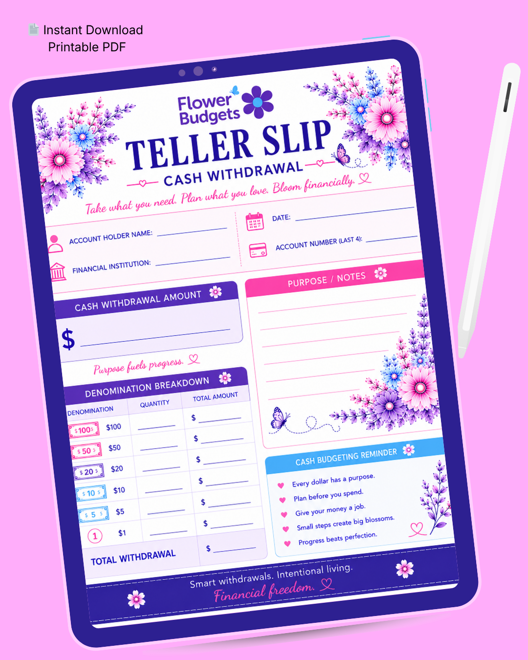 Flower Budgets Teller Slip – Cash Withdrawal Worksheet