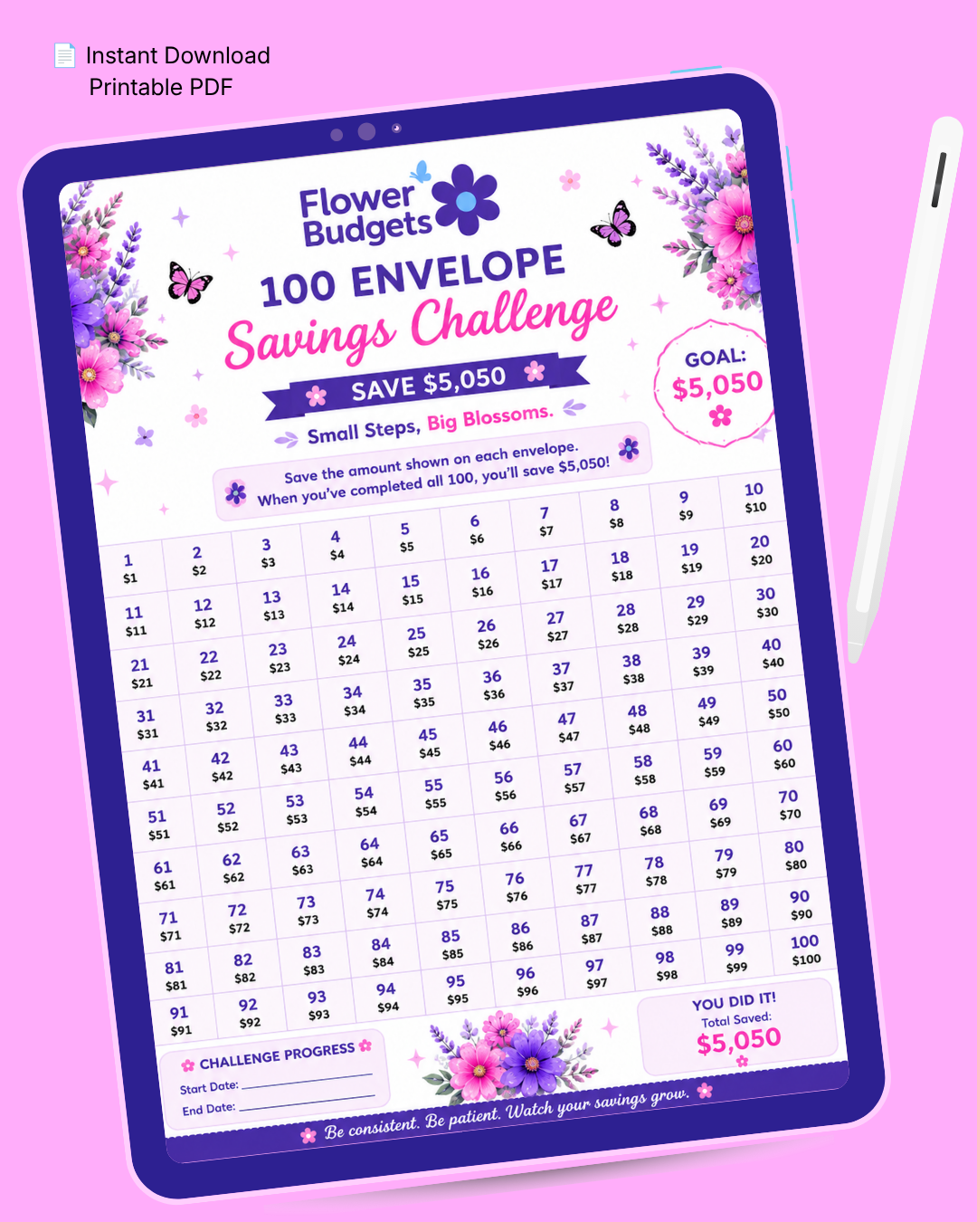 The Flower Budgets 100 Envelope Savings Challenge
