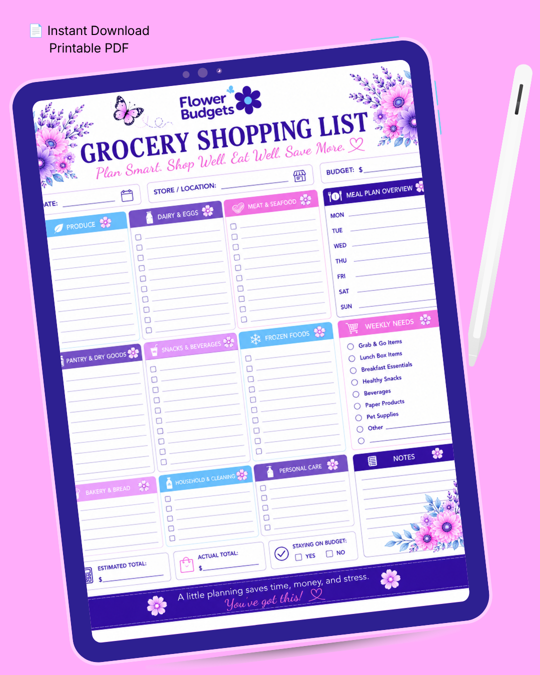 Flower Budgets Grocery Shopping List Worksheet