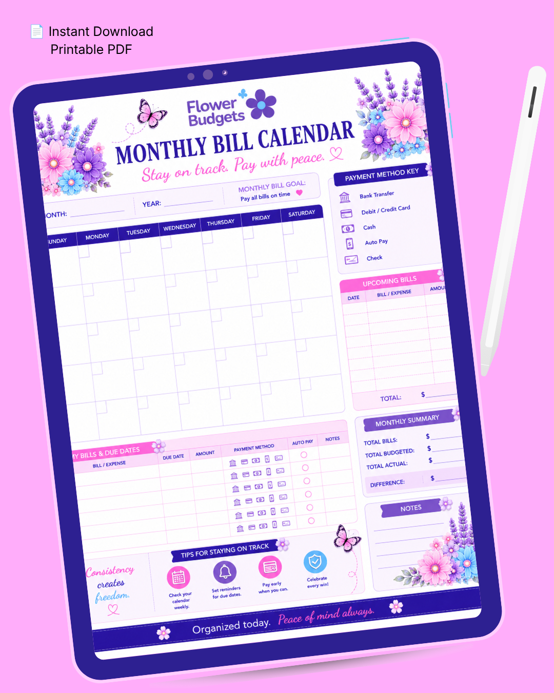 Flower Budgets Monthly Bill Calendar