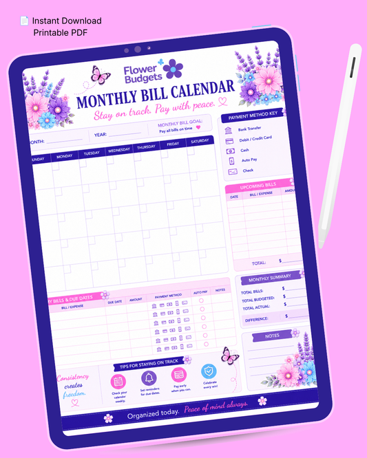 Flower Budgets Monthly Bill Calendar