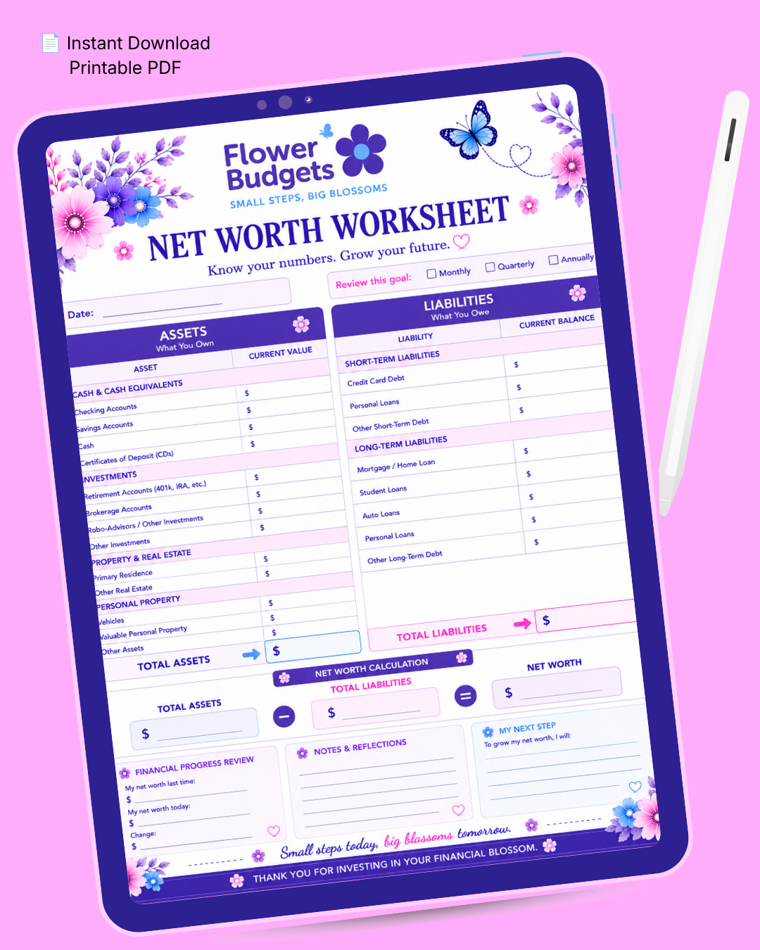 Flower Budgets Net Worth Worksheet