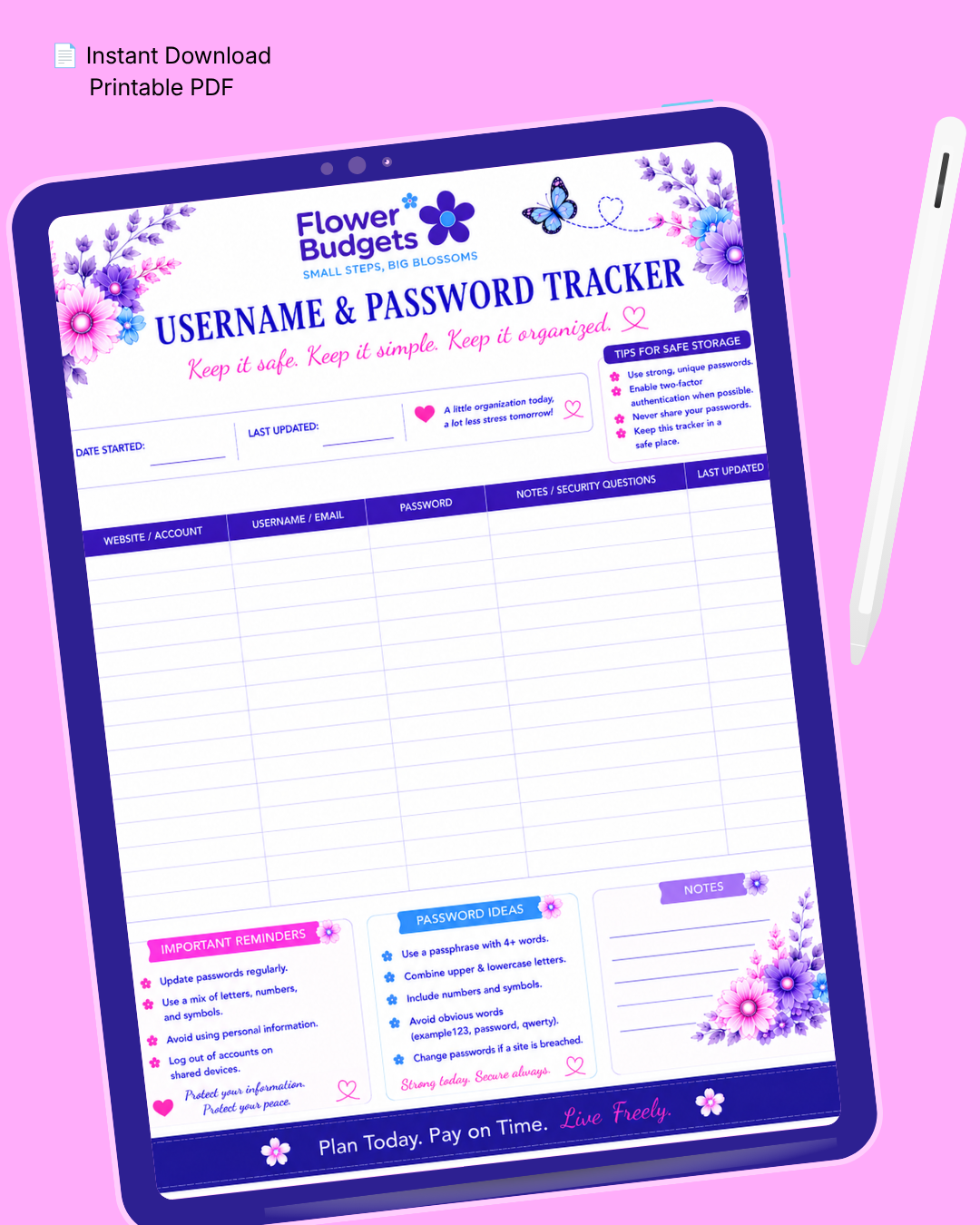 Flower Budgets Username and Password Tracker
