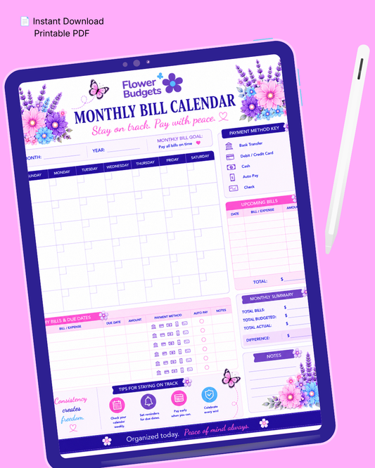 Flower Budgets Monthly Bill Calendar
